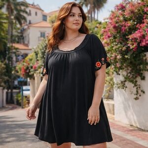 Michel Studio Black Viscose Blend Dress Plus Size | Red Floral Embroidered
